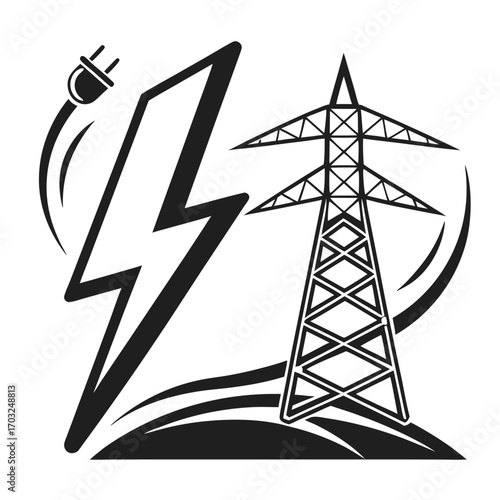Electricity and Power Transmission - Lightning Bolt and Tower Illustration.