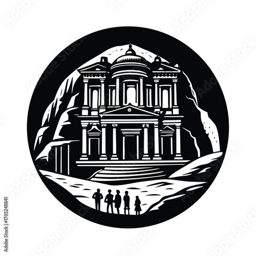 Petra ancient city with travelers walking through ruins vector silhouette on white background