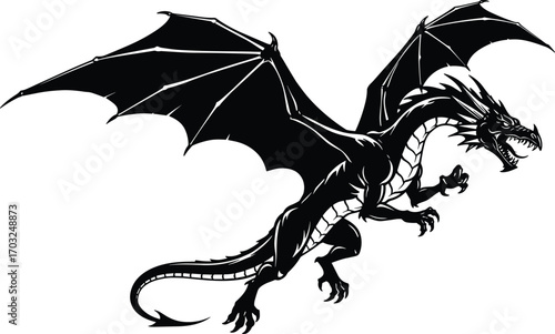 Aggressive fantasy dragon silhouette with large wings and sharp claws, mythical monster illustration for gaming, tattoo, medieval gothic and fantasy art