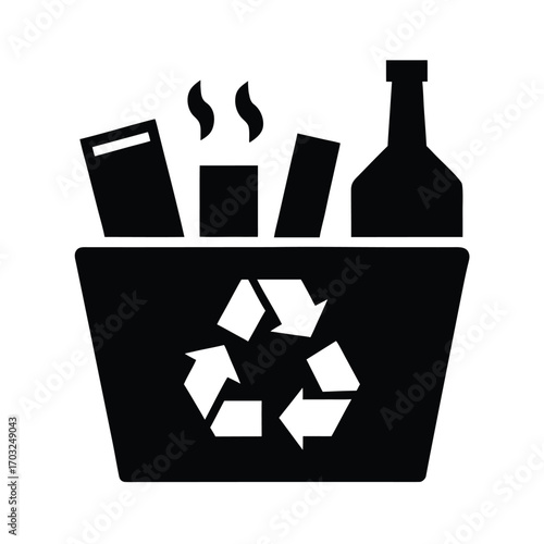 Recycling machine turning glass into reusable material vector silhouette on white background