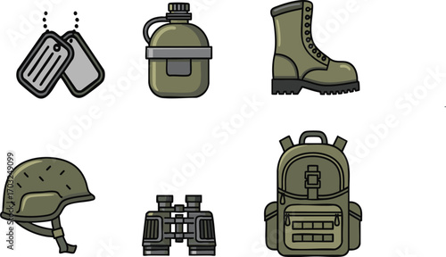 Military equipment arranged neatly on white surface represents readiness and preparedness for deployment, showcasing essential gear for soldiers in the field.