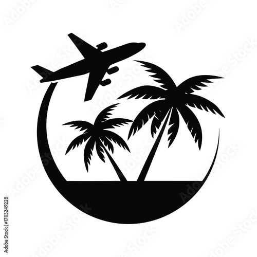 Silhouette of airplane flying over palm beach destination vector silhouette on white background
