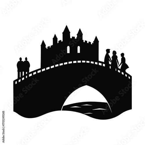 Silhouette of ancient castle with tourists walking nearby vector silhouette on white background