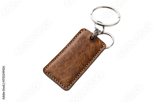 Brown leather keychain with metal ring on a white isolated background.