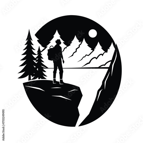Silhouette of backpacker standing on cliff overlooking valley vector silhouette on white background
