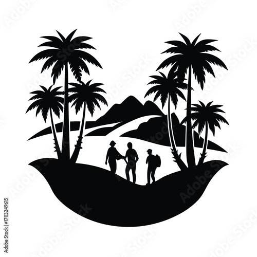 Silhouette of desert oasis with palm trees and tourists vector silhouette on white background