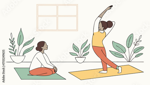 Two women practicing yoga together indoors.