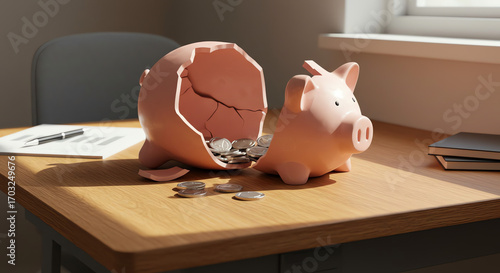 Broken piggy bank with coins scattered on a wooden desk
