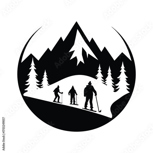 Silhouette of snowy mountain resort with skiers and snowboarders vector silhouette on white background