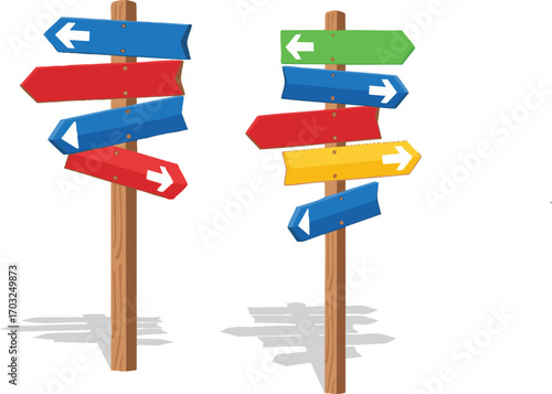 Colorful wooden signposts point in various directions against a white backdrop, suggesting choices and guidance with a playful and whimsical feel.
