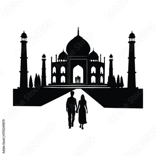 Silhouette of taj mahal with romantic couple walking vector silhouette on white background