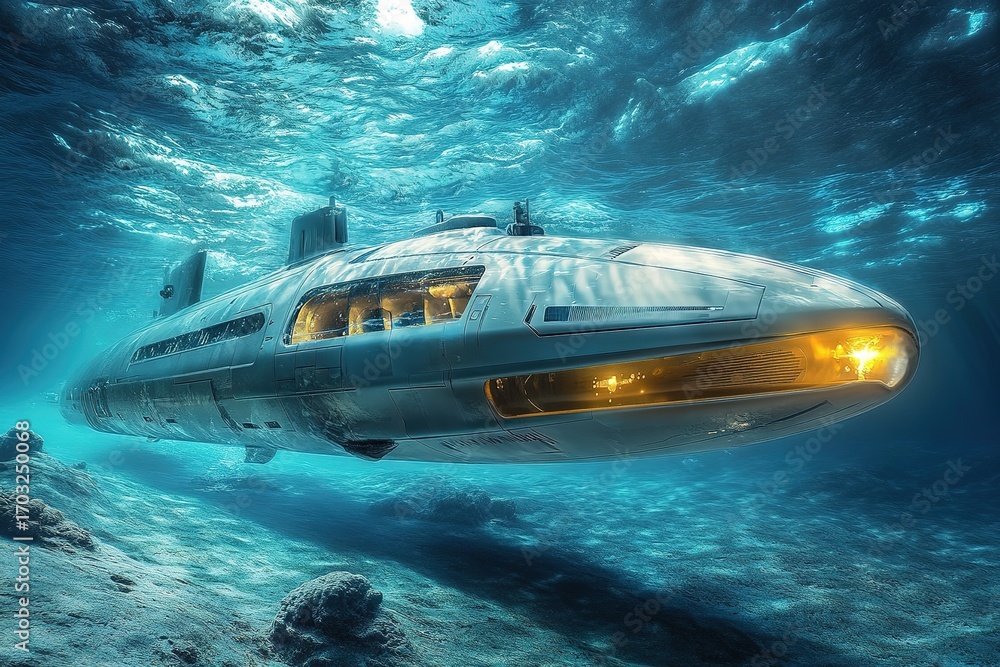 Fototapeta premium futuristic submarine launching robotic submarines to explore ocean floor