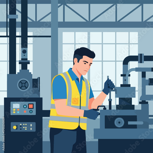 A male factory worker in a safety vest operating industrial machinery in a manufacturing plant.