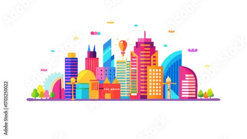 Colorful cityscape illustration with buildings skyscrapers and urban development design