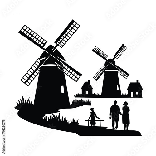 Silhouette of traditional windmills with tourists sightseeing vector silhouette on white background