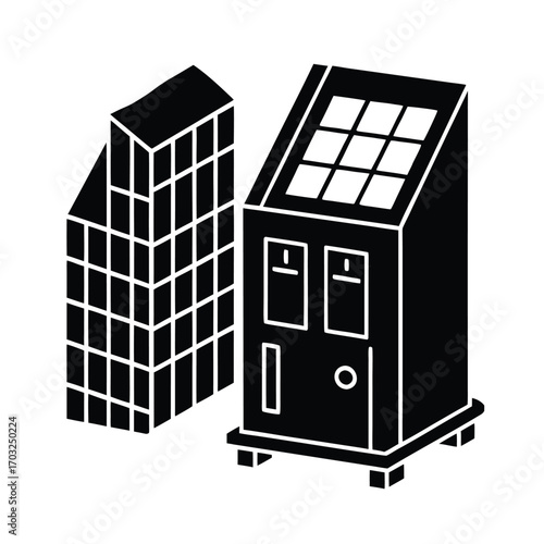 Smart recycling vending machine powered by solar energy vector silhouette on white background