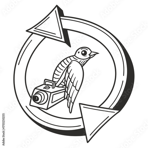 Bird with Camera Symbolizing Photography and Natures Harmony.