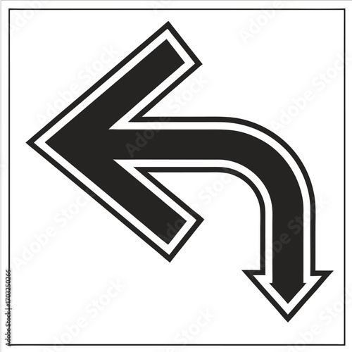 Black arrow indicating a sharp left turn and then a downward direction.