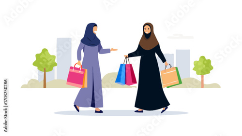 Muslim women shopping illustration vector design with hijab and shopping bags art