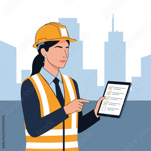 A female construction worker in a hard hat and safety vest holding a tablet with a checklist.