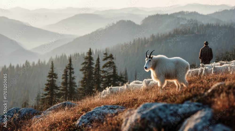Fototapeta premium Mountain goat grazes on hillside while a herder watches the flock during sunrise in a scenic mountainous area