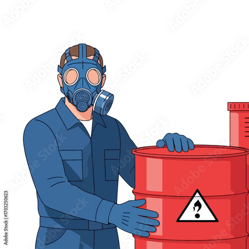 A person in a gas mask and protective suit handling a red barrel with a hazard symbol, indicating chemical or hazardous waste.