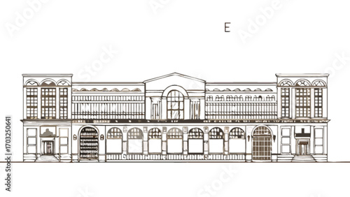 Architectural building facade drawing with windows arches and classical design elements