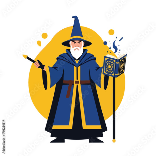 A stern wizard in a blue robe and hat, holding a wand and a spellbook, with a staff.