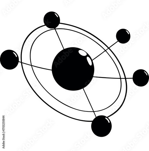 Atomic energy physics symbol with an electron orbit connection around a chemical molecule
