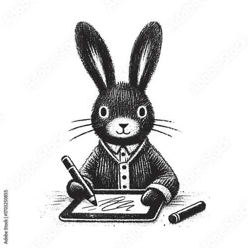 Cute Rabbit Writing with Feather Pen Illustration