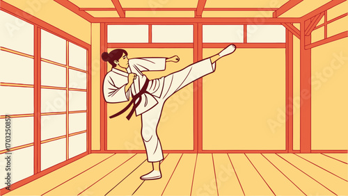 Woman in white karate gi performing a high kick.