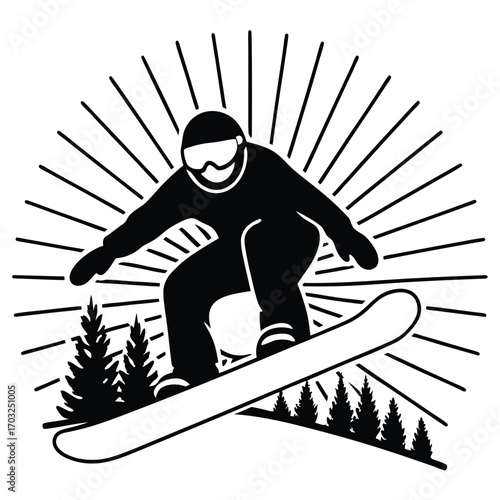Black Silhouette Vector of Snowboarder with Sunburst