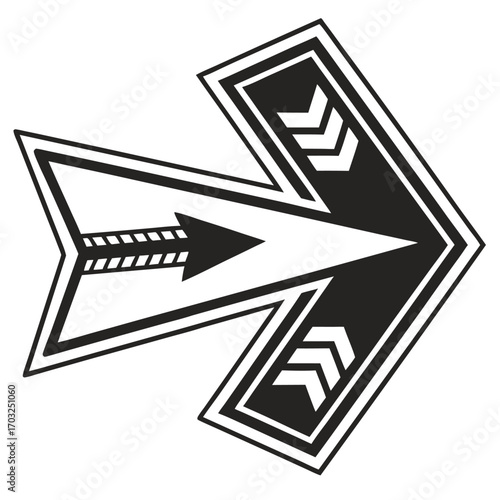 Stylized black and white arrow pointing right with decorative elements.