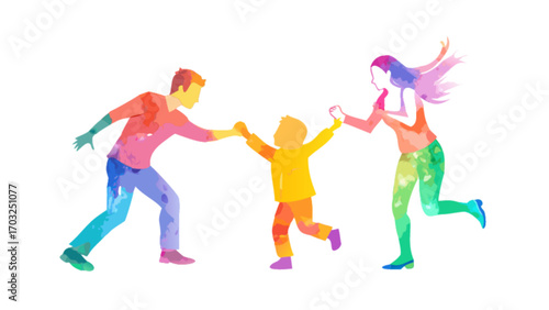 Watercolor family illustration of parents and child playing together happy family art