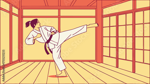 Karate practitioner executing a powerful kick with focused determination in training.