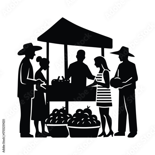 Vector silhouette of a farmers market scene with stalls vector line art on white background