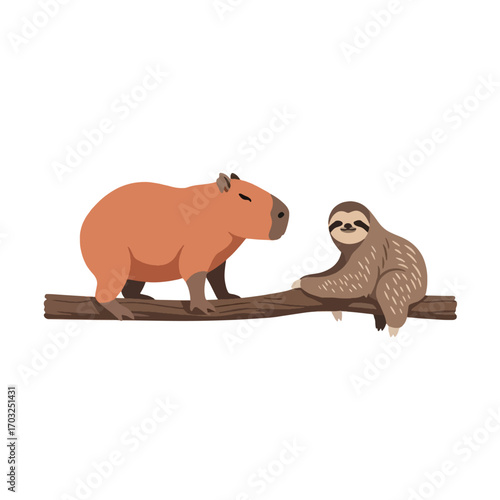 Capybara and sloth sitting on a tree branch.