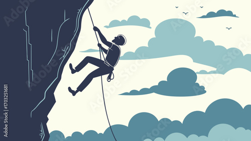 Rock climber scaling cliff face with determination and focus reaching the summit.