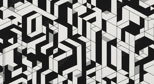 Geometric Abstraction Seamless Maze of Isometric Lines and Shapes for Modern Textile Design