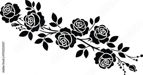 Beautiful rose floral silhouette design, elegant flower branch vector illustration, decorative botanical artwork, romantic blossom pattern for wedding, tattoo, digital art