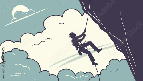 Rock climber rappelling down a steep cliff face.