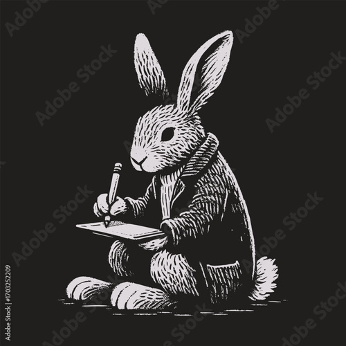 Cute Rabbit Writing with Feather Pen Illustration