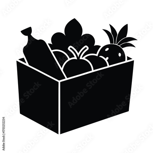 Vector silhouette of delivery box filled with organic food vector line art on white background