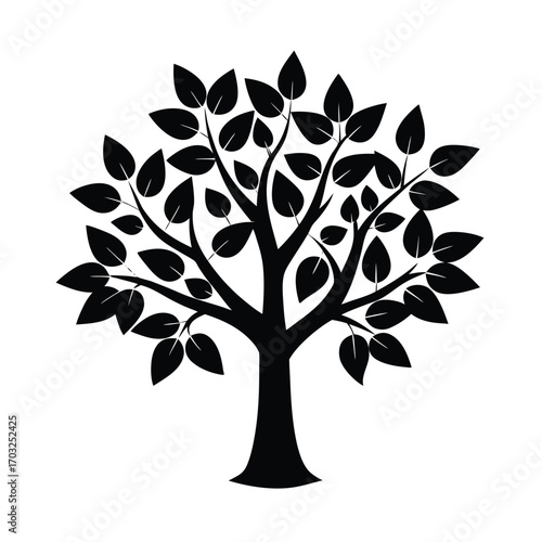 Vector silhouette of fruit tree with large leaves vector line art on white background