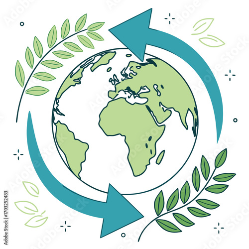 Earth surrounded by green leaves and recycling arrows symbolizing environmental protection and sustainability.