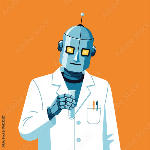 A robot scientist in a white lab coat holding a test tube, against an orange background.