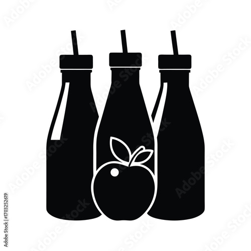 Vector silhouette of juice bottles with fruits symbols vector line art on white background