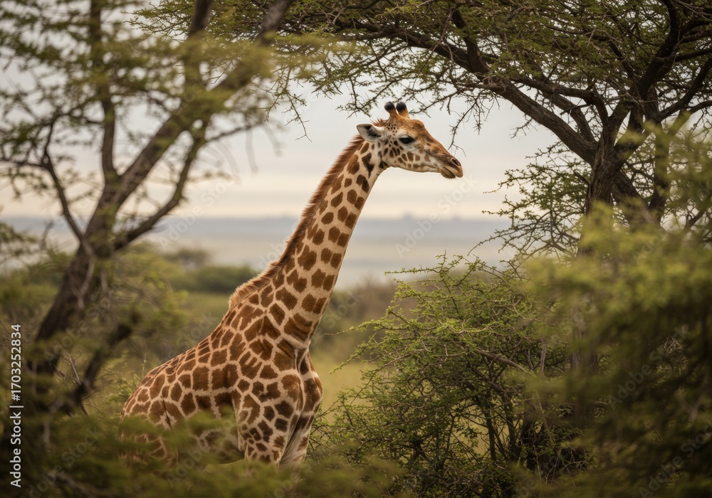 Obraz premium Close-up of a giraffe in the Serengeti, highlighting its patterned coat and gentle eyes. A graceful portrait of Africa’s tallest mammal in the wild.