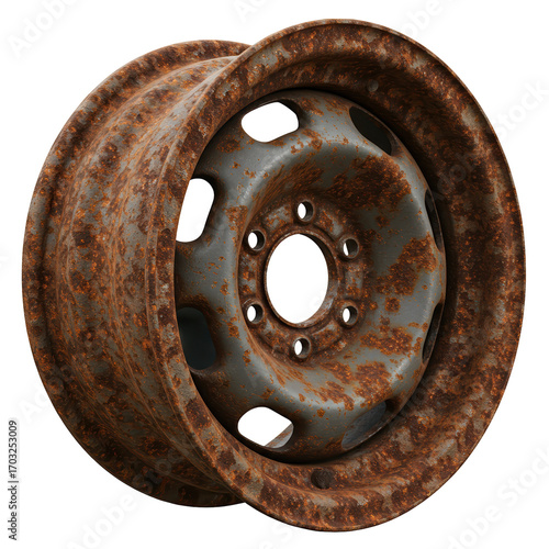 An old, heavily rusted steel car wheel rim, showing significant corrosion and wear. Ideal for themes of decay, abandonment, or automotive salvage.
