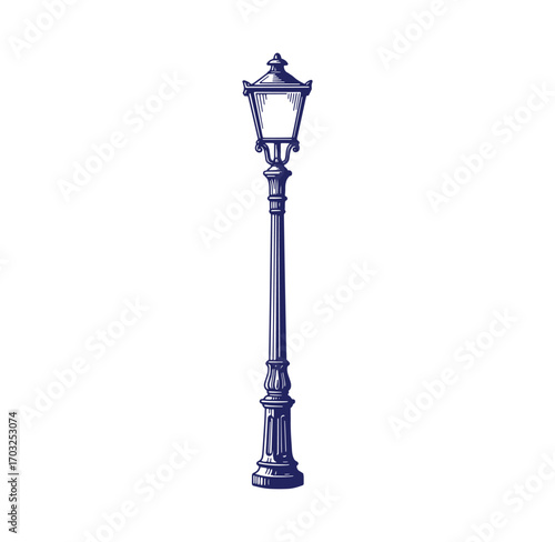 Classic ornamental street lamp illustration in intricate engraved style on white background